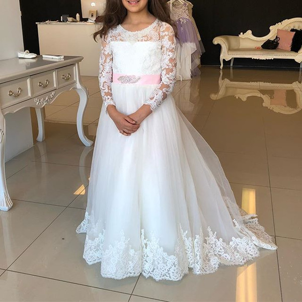 Cute Long Sleeve Lace Flower Girls Dresses Jewel Neck Button Back Pink Sashes A Line First Communion Dresses Birthday Party Gowns