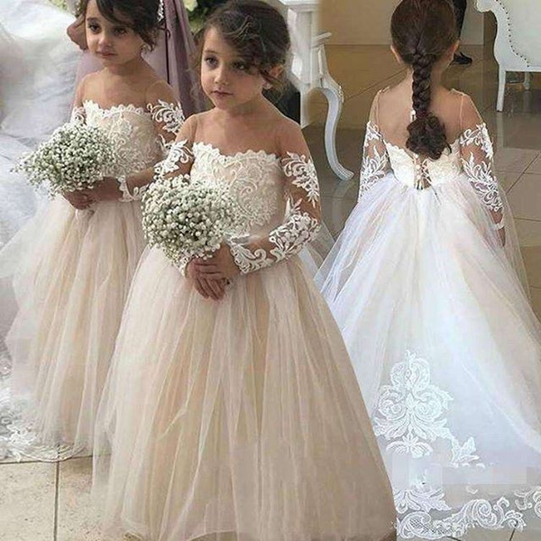 Chic Sheer Jewel Neck Flower Girls Dresses Long Sleeve Appliques Sweep Train First Communion Dresses Girls Pageant Gown Cheap Sale