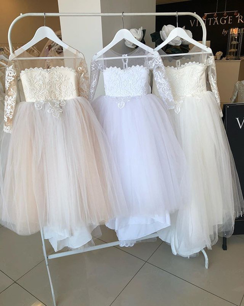 Real Image Long Sleeve Flower Girls Dresses Lace Appliques Princess Ball Gown Princess First Communion Dresses Girls Pageant Gowns