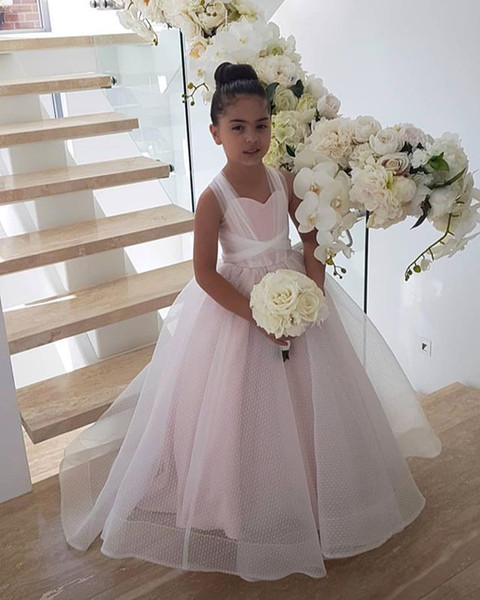 Pale Pink Spaghetti Flower Girls Dresses Point Tulle A Line Puffy Princess Style Lace Up First Communion Dresses Girls Pageant Gown