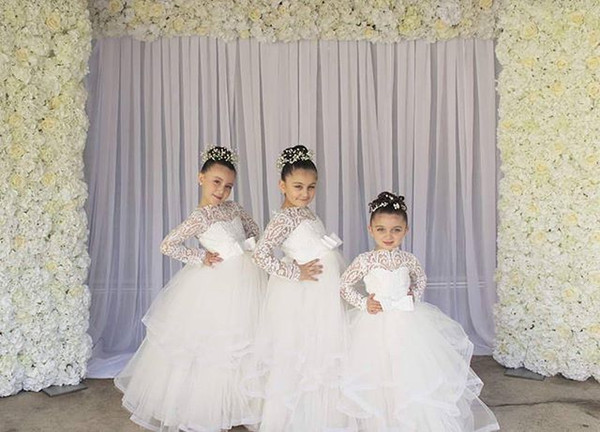 Cute Bateau Neck Long Sleeve Flower Girls Dresses Waist Bow Puffy Ball Gown First Communion Dresses Girls Bithday Party Gown Custom