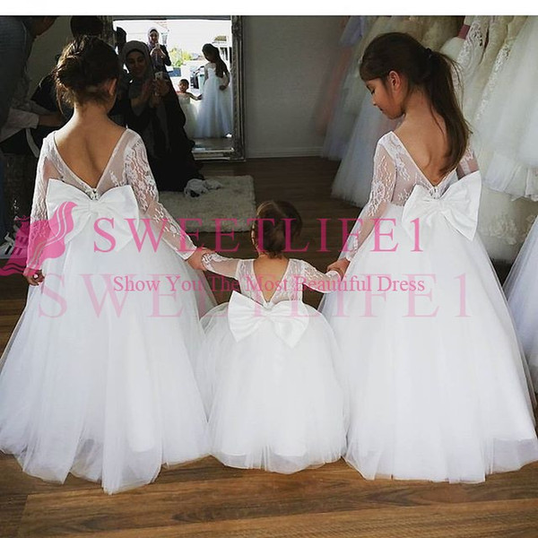 Lovely Backless Flower Girls Dresses Long Sleeve Sheer Jewel Neck A Line Bowknot Tulle Floor Length Girls Birthday Party Gown Custom