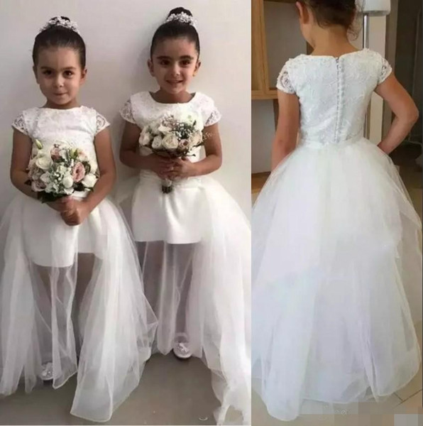 Lovely Toddler Children Flower Girls Dresses Pure White A Line Crew Neck Short Sleeve Applique Long Formal Kids First Communion Gowns