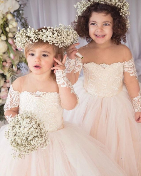 Cute Jewel Neck Flower Girls Dresses Long Sleeve Puffy Tulle First Communion Dresses Girls Birthday Party Gown Custom Made Hot Sale