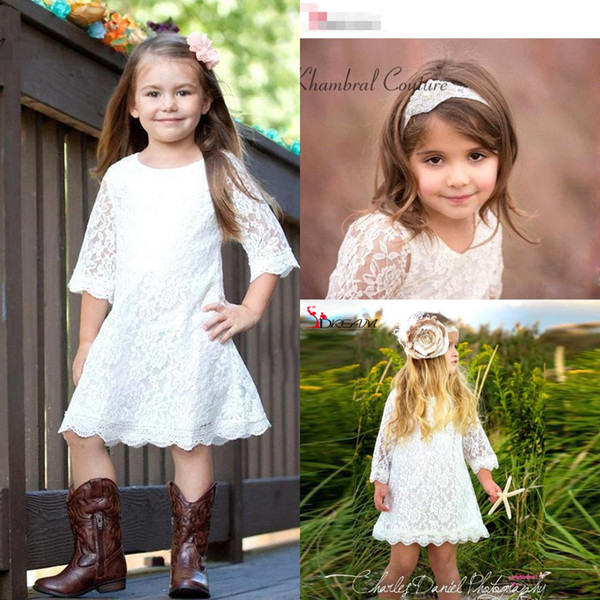 Cute Flower Girl Dresses Vintage Lace Long Sleeve Crew Neck A Link Knee Length Cheap White / Ivory Toddler Gowns