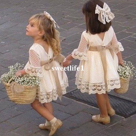 New Cute Champagne Polka Dot Lace Flower Girls Dresses Short Mini Half Sleeve Lace First Communion Dresses Kids Pageant Gown Custom