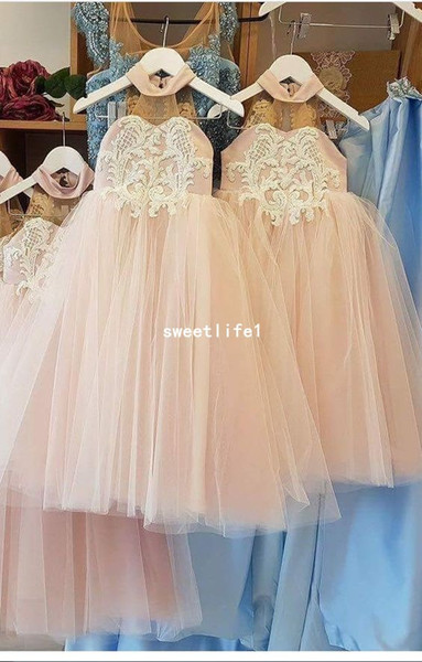 Actual Image Halter Flowers Dresses A Line Tulle Champagne Floor Length Puffy White Appliques First Communion Dresses Holy Gown