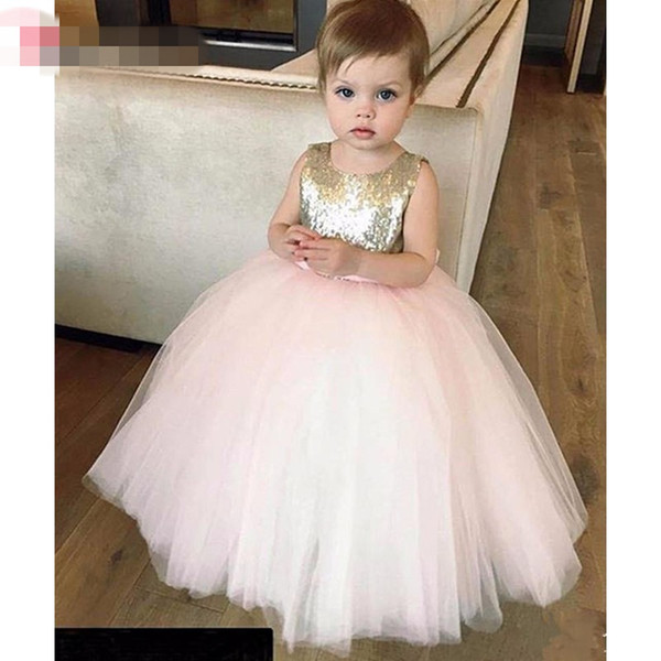 Beach Pink Sequins Flower Girls Dresses For Weddings Sequined Long Puffy Tulle Skirt Handmade Bow Sash Custom Girls Pageant Dresses