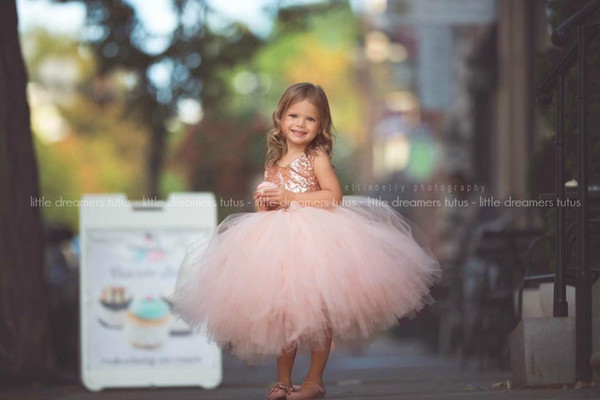 Rose Gold Sequins Pink Tulle Flower Girls Dresses Ball Gown Princess Girls Bithday Party Gown For Garden Wedding Girls Pageant Gown