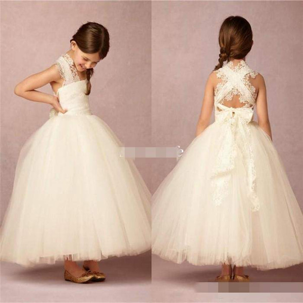 Lovely Halter Flower Girls Dresses Ankle Length Puffy Ball Gown Backless First Communion Dresses Girls Pageant Gown Custom Made