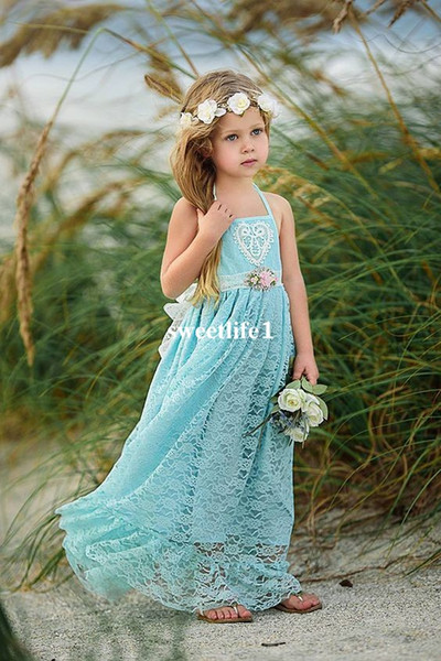 New Light Sky Blue Lace Flower Girls Dresses Spaghetti Straps Floor Length Kids Pageant Gown First Communion Dresses Custom Made