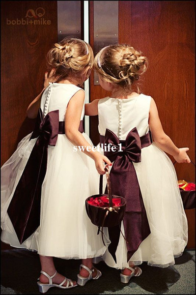 White Tea Length Flower Girls Dresses Waist With Grape Sashes Bow Back Cover Button First Communion Dresses Kids Pageant Gown Custom