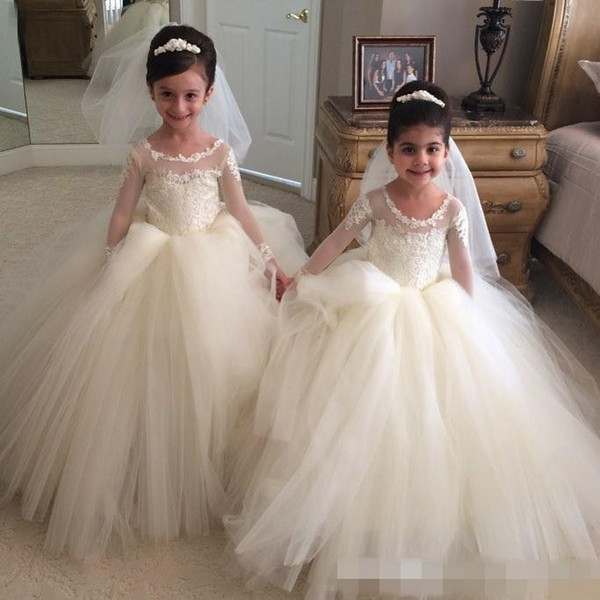 White Tulle Sheer Jewel Neck Girls Pageant Dresses Long Sleeves Lace Appliques Ball Gown Kids Formal Wear Flower Girls Dresses