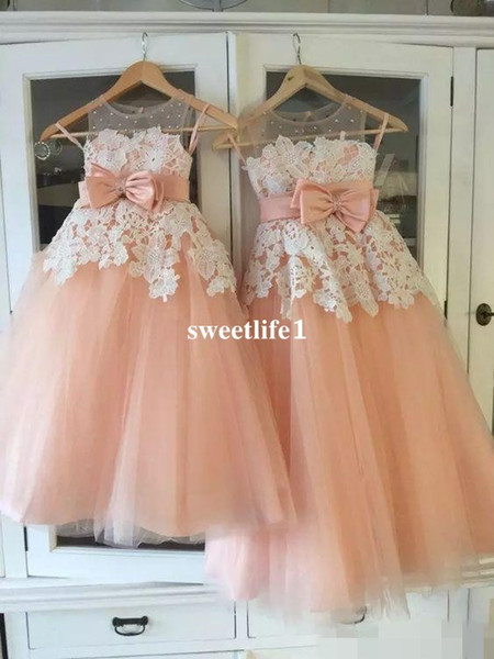 Real Image Peach Tulle Flower Girls Dresses Sheer Jewel Neck White Appliques Wasit With Bow For Garden Wedding First Communion Dresses