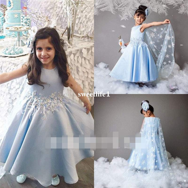 New Arabic Light Sky Blue Flower Girls Dresses Appliques Beaded Feather With Wrap First Communion Dresses Girls Pageant Gown