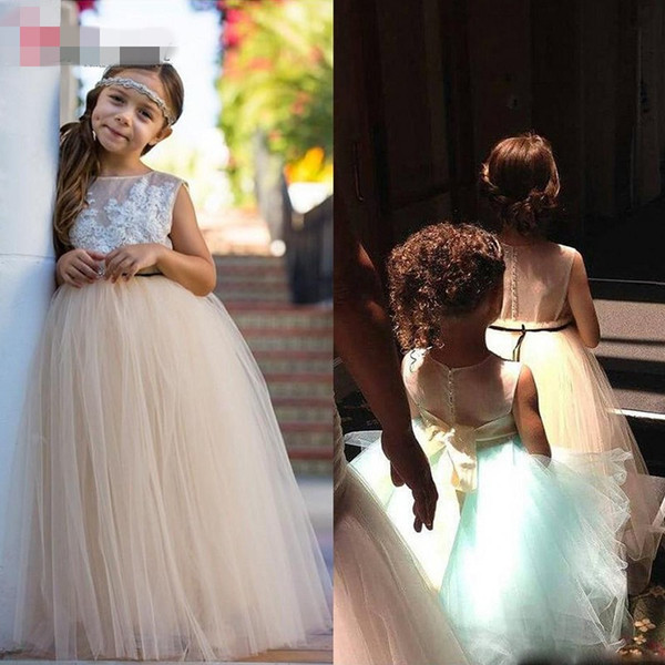 Champagne Lace Flower Girl Dresses Tulle Sheer Neck Child Pageant Dresses Holy Communion Flower Girl Dresses