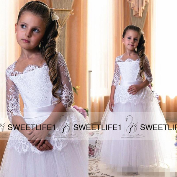 Vintage Half Sleeves Lace Flower Girls Dresses A Line With Sash Puffy Tulle Skirts Custom Made First Communion Party Gowns for Kids