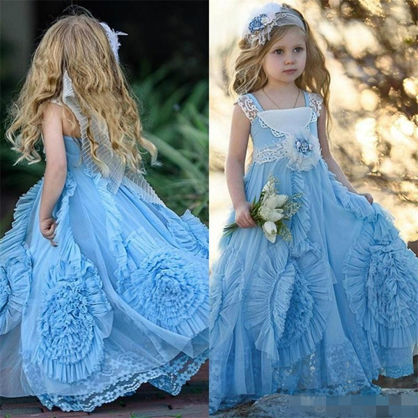 Cute Lace Flower Girls Dress New Design Square Neck Lace Pageant Dress For Girls Birthday Dresses Tulle Pleated Ruched Formal Wear