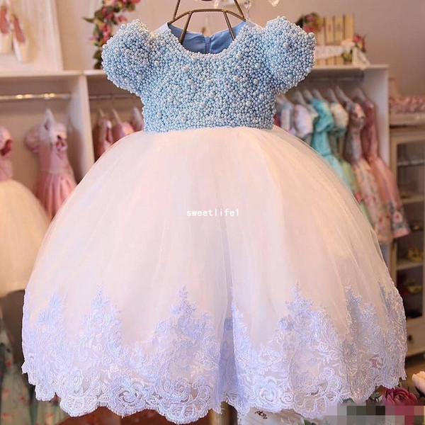 New Pearls Ball Gown Flower Girl Dresses For Weddings Lace Little Girls Pageant Dress Tulle Beach Garden First Communion Gowns