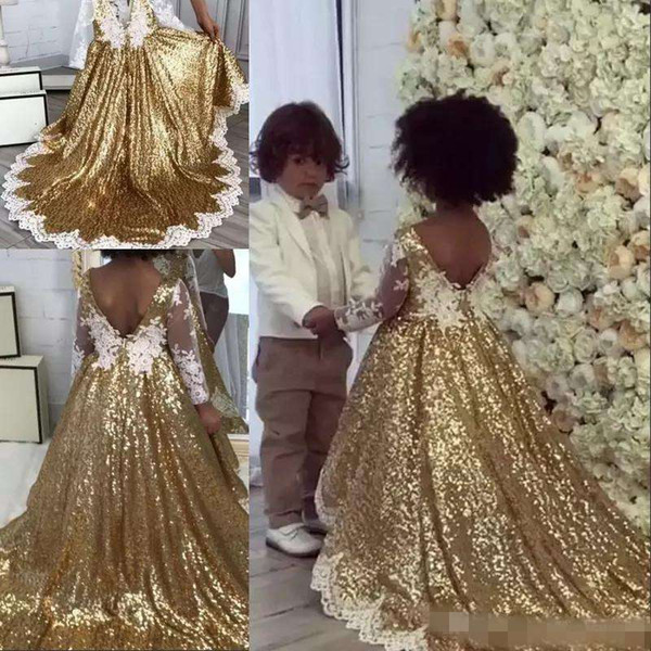 Bling Bling Gold Sequins Flower Girl Dresses Lace Appliques Long Sleeve Girls Pageant Dress for Child Birthday Dresses Jewel