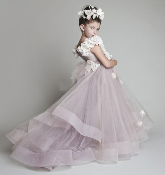 2022New Lovely New Tulle Ruffled Handmade flowers One-shoulder Flower Girls' Dresses Girl's Pageant Dresses