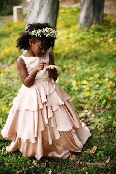 New Cute Blush Pink Flower Girls Dresses Tiered Skirts Elastic Silk Like Satin First Communion Dresses Girls Pageant Gown Custom Made