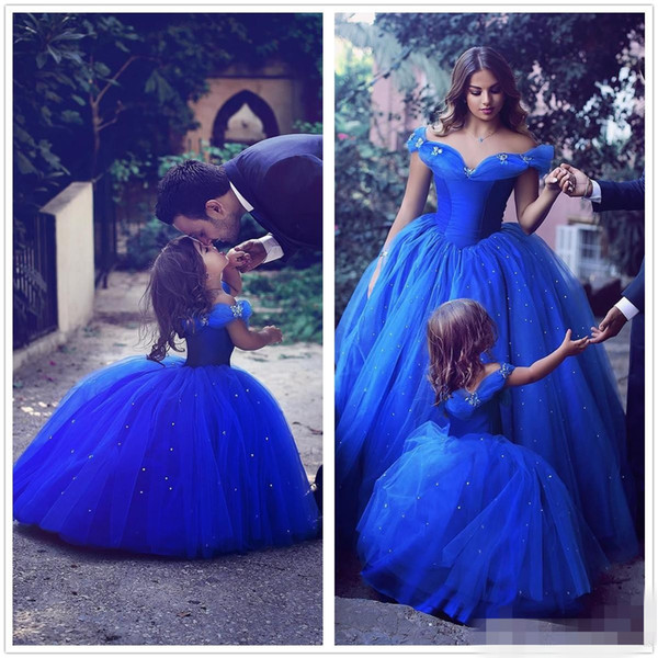 Inspired By Cinderella New Blue Off The Shoulder A Line Flower Girl' Dresses Tulle Crystals Little Girls Wedding Party Dresses