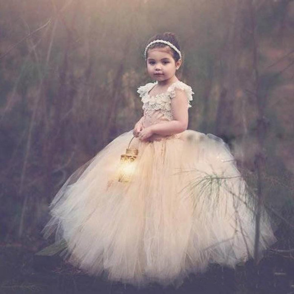 A Line Champange Flower Girl Dresses Fuffy Skirt Cute Vintage Ball Gown Communion Pageant Party Birthday Dresses