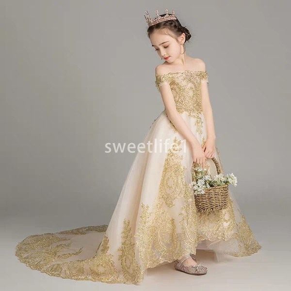 Gorgeous Off The Shoulder Gold Appliques Flower Girls Dresses Short Sleeve A Line Hi Low First Communion Dresses Girls Pageant Gown