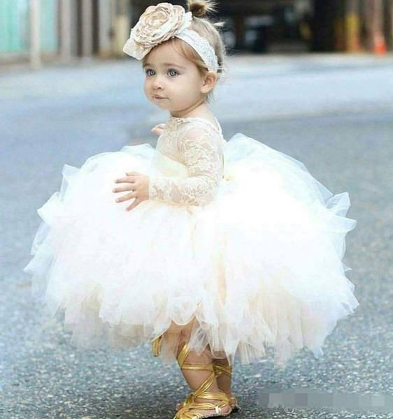 Vintage Lovely Ivory Baby Infant Toddler Baptism Clothes Flower Girl Dresses With Long Sleeves Lace Tutu Ball Gowns Cheap