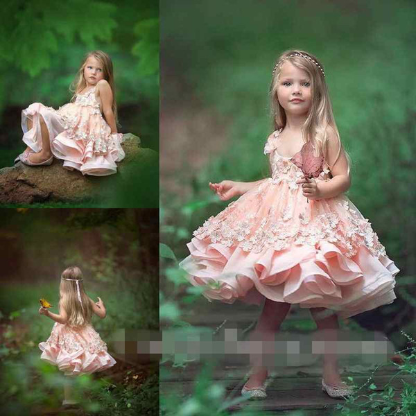 Pink Princess Flower Girls Dresses Spaghetti Handmade Flower Tiered Skirts First Commnunion Dresses Kids Pageant Gown