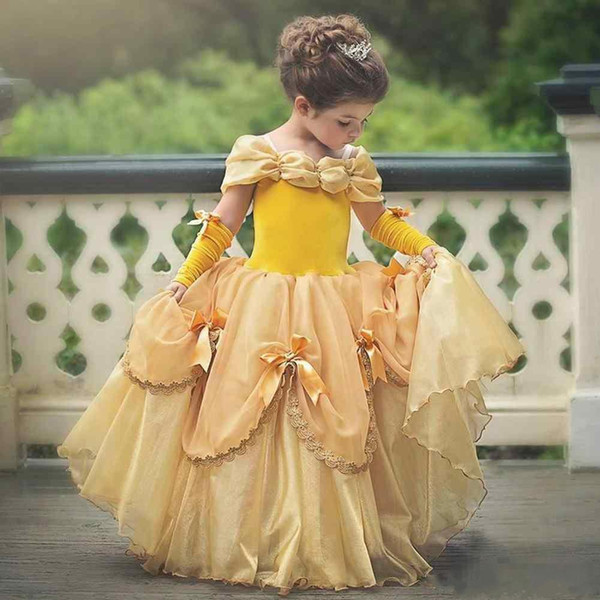 Vintage Yellow Gold Ball Gown Flower Girl Dresses For Wedding Spaghetti Off Shoulder Lace Toddler Pageant Gowns Floor Length Kids Prom Dress