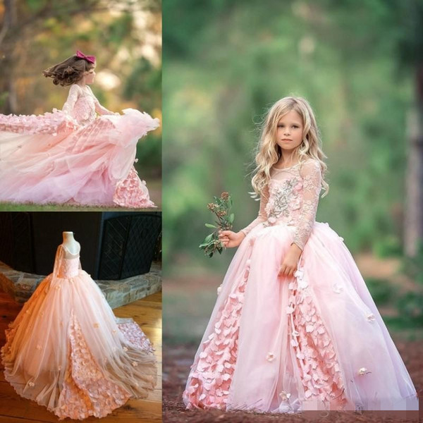 Luxury Pink Flower Girls Dresses For Weddings Long Sleeve Appliqued Indian Lace Ball Gowns Little Kids Communion Dress