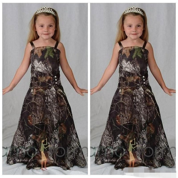 Lovely Camo Flower Girl Dresses For Western Country Forest Weddings A Line Spaghetti Straps Long Girls Pageant Formal Gowns