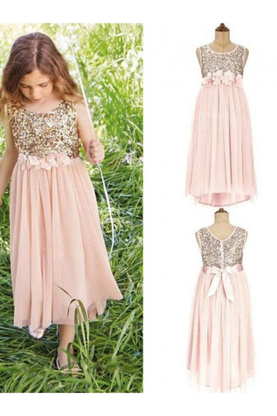 Scoop Neck Sequin Flower Girls Dresses Top Floral belt with bowknot Junior Bridesmaid Dress with Chiffon Skirt First Communion Dresses