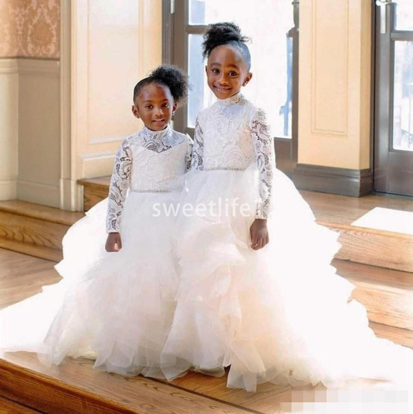 Princess White Long Sleeve Lace Flower Girl Dresses For Western Weddings High Neck Tier Ruffles Beaded Belt Long Kids Toddler Communion Gow