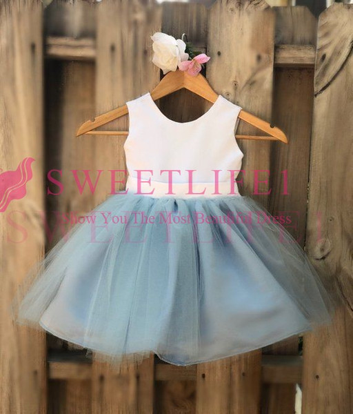 Cute Puffy Tulle Flower Girls Dresses A Line Back Cover Bow Light Grey Blue First Communion Dresses Girls Pageant Gown Custom Made