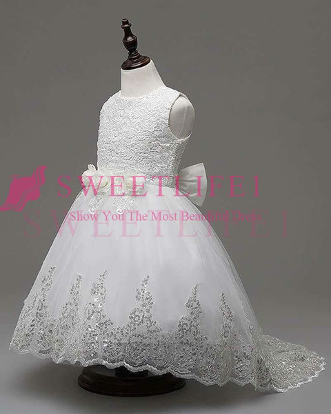 Real Image Whote Sweep Train Flower Girls Dresses Jewel Neck Appliques Beaded Lace Tulle Back Cover Bow First Communion Dresses Custom