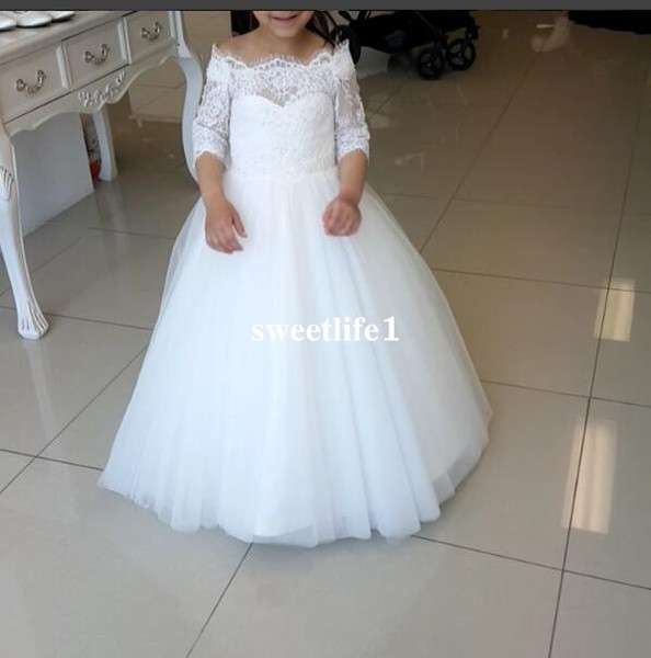 White Lace Off The Shoulder Flower Girls Dresses for Long Sleeve Back With Bow Puffy Tulle Kid Birthday Party Gown Custom Made Cheap On