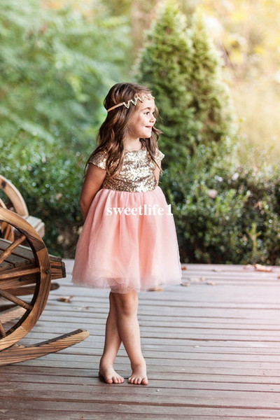 Cheap Rose Gold Sequins Flower Girls Dresses Short Mini Tulle Kid Pageant Gown First Communion Dresses Custom Made Hot Sale