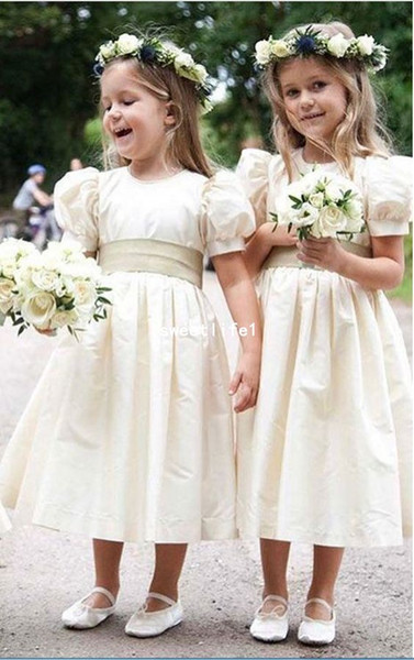 Elegant Prince Cape Sleeve Flower Girls Dresses Tea Length A Line Ivory Satin Girls Baby Birthday Dresses First Communion Dresses