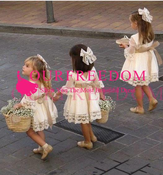 Cute Tea Length Long Sleeves Flower Girls Dresses Simple Design A Line First Communion Dresses Girls Pageant Gown Custom Made