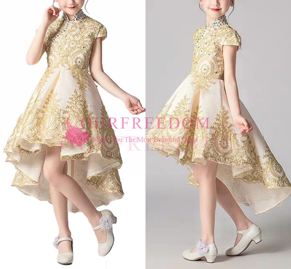 New High Collar Flower Girls Dresses Appliques Lace Hi Low Embellished First Communion Dresses Girls Pageant Gown Custom Made