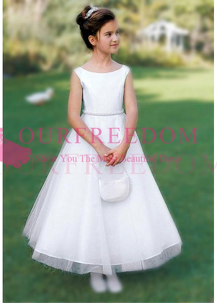 Cute Simple Elegant Flower Girls Dresses Bateau Neck Ankle Length Waist Beaded First Communion Dresses Girls Pageant Gown Custom Made