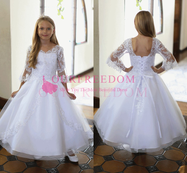 Cute Long Sleeve Flower Girls Dresses Scoop Neck Corset Back Lace Ankle Length First Communion Gown Girls Pageant Gown Custom Made