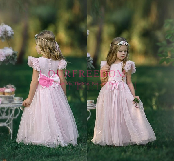 Cute Dusty Pink Flower Girls Dresses Shining Sequins Cape Sleeve Back Cover Bow First Communion Dresses Girls Pageant Gown Custom Made