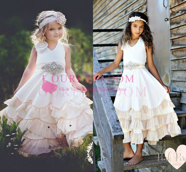 Lovely V Neck Sashes Beaded Flower Girls Dresses A Line Flower Girl's Dresses Lace Applique Layered Ruffles Floor Length Girl's Pagean