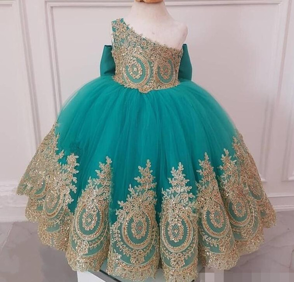 African Girls gold Flower Girls' Dresses Ball Gown One Shoulder Cheap Knot Bow Long Tulle Girls Birthday First Communion For Kids