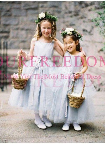 2022Cute Pale Blue Tea Length Flower Girls Dresses Simple Design A Line First Communion Dresses Girls Pageant Gown Custom Made