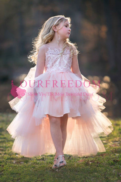 Newly Sheer Jewel Neck Pink Flower Girls Dresses Lace Appliques Beaded Hi Low First Communion Dresses Girls Pageant Gown Custom Made